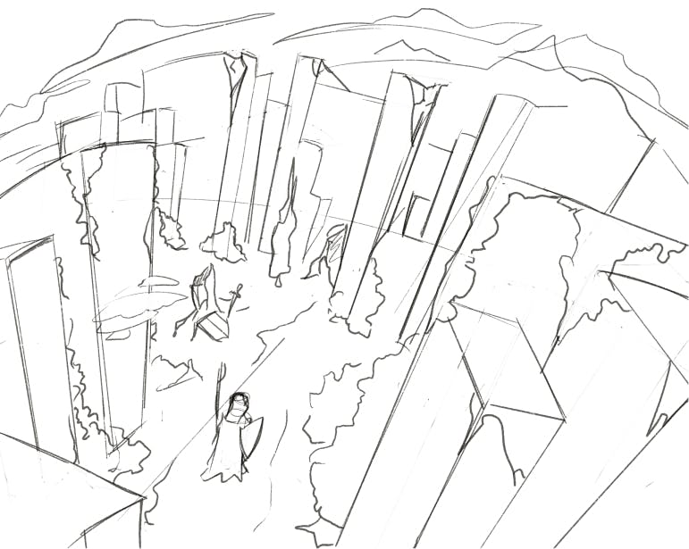 Pencil sketch of a video game character walking down a somber path. High mountain walls surround them.
